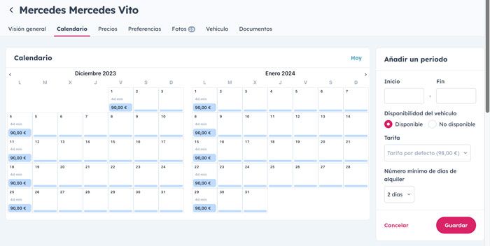 Calendario en la plataforma Yescapa.